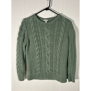 L.L.Bean Double L Cableknit Cotton‎ Crewneck Sweater Women L Green Preppy Spring